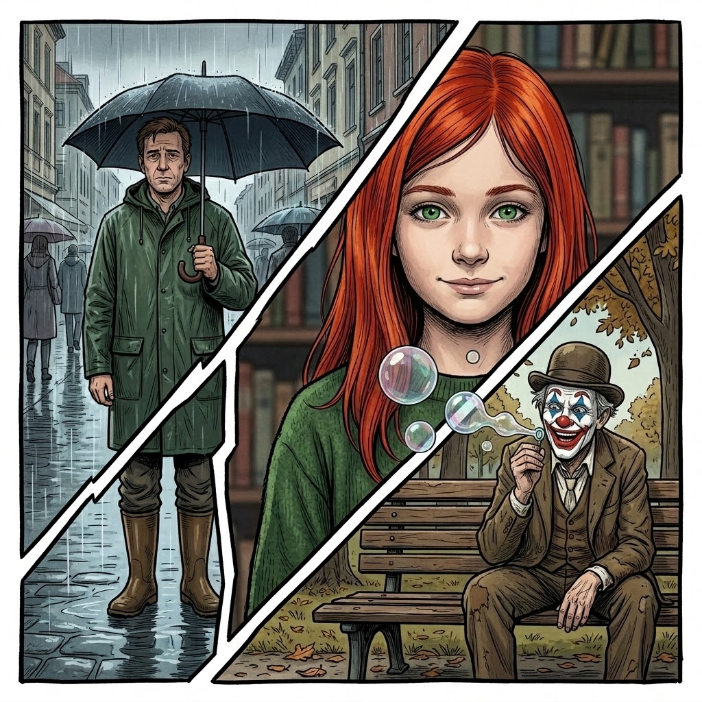 Pluie, caractère, beauté, sagesse. Создай описание к комиксу.